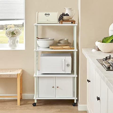 Rootz White Microwave Shelf - Kitchen Wheeled Storage Trolley - Kitchen Cabinet - 3 Shelves + 1 Cabinet