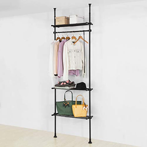 Rootz Adjustable Wardrobe Organiser Clothes Shelf System-Hanging Rail-Telescopic Clothes Storage Shelving, Black