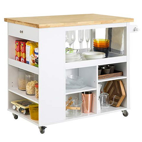 Rootz Kitchen Storage Trolley Kitchen Cabinet Cupboard Sideboard Kitchen Island with Rubber Wood Worktop