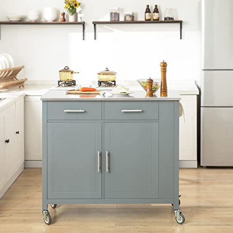 Rootz Kitchen Storage Trolley Cart with Stainless Steel - Worktop-Kitchen Island - Kitchen Cabinet - Cupboard - Sideboard on Wheels