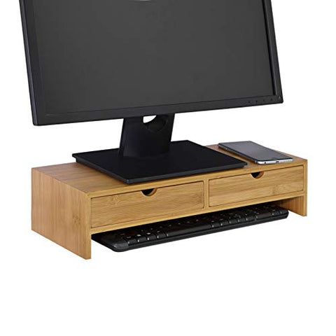 Rootz Bamboo Monitor Stand Computer Screen- Monitor Stand Monitor Riser Desk Organizer with 2 Drawers