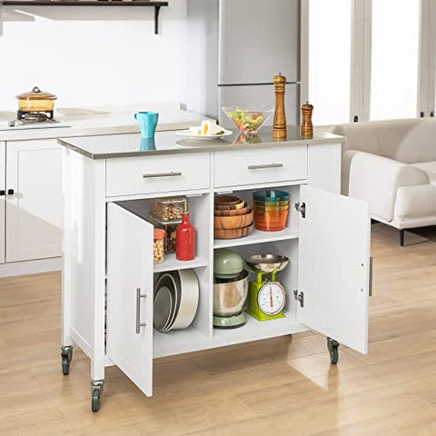 Rootz Kitchen Storage Trolley Cart with Stainless Steel Worktop-Kitchen Island Kitchen Cabinet Cupboard Sideboard on Wheels