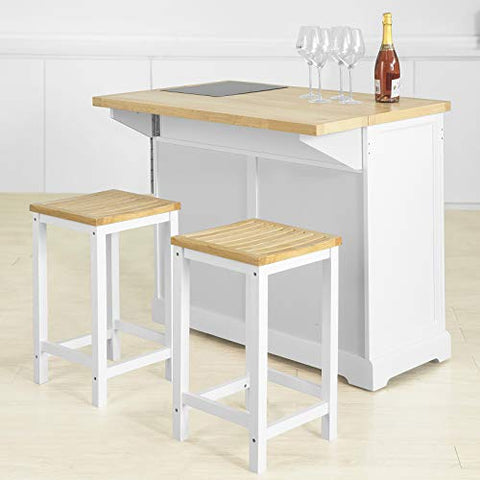 Rootz Extendable Kitchen Storage Trolley Kitchen Cabinet Cupboard Sideboard Kitchen Island with Rubber Wood & Marble Top