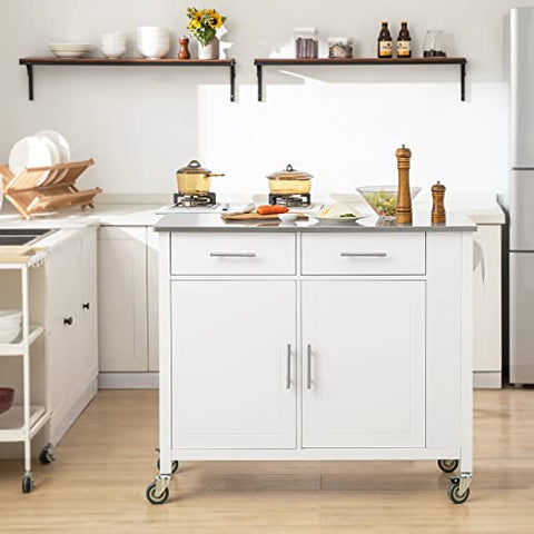 Rootz Kitchen Storage Trolley Cart with Stainless Steel Worktop-Kitchen Island Kitchen Cabinet Cupboard Sideboard on Wheels