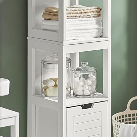 Rootz White Tall Bathroom Storage Cabinet with 3 Shelves and 2 Drawers