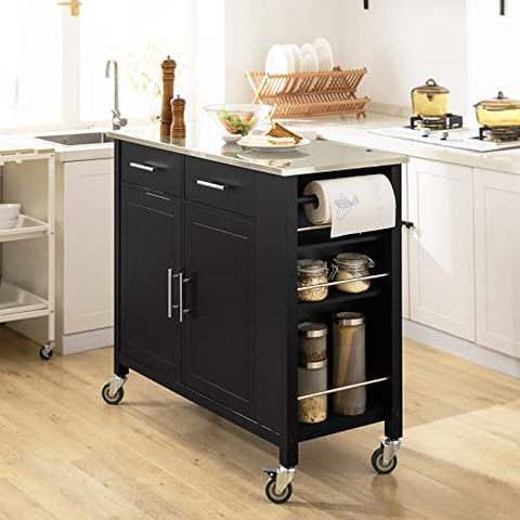 Rootz Kitchen Storage Trolley Cart with Stainless Steel Worktop-Kitchen Island Kitchen Cabinet Cupboard Sideboard on Wheels