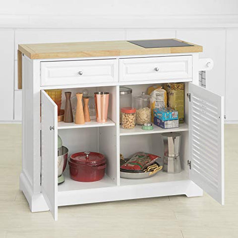 Rootz Extendable Kitchen Storage Trolley Kitchen Cabinet Cupboard Sideboard Kitchen Island with Rubber Wood & Marble Top