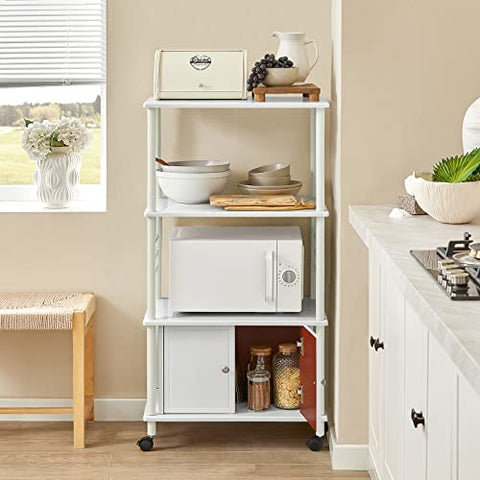 Rootz White Microwave Shelf - Kitchen Wheeled Storage Trolley - Kitchen Cabinet - 3 Shelves + 1 Cabinet