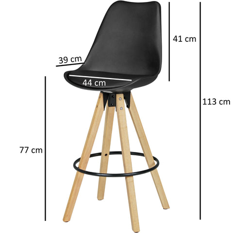 Rootz Bar Stools - Retro Design - Black Wood with Backrest - Scandinavian Style Bar Chairs (Set of 2) - 77 cm Seat Height