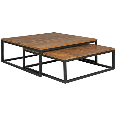 Rootz Table Set - Sheesham Wood - Living Room - Solid Wood Design - Palisander Lounge Table with Metal Legs - 75 x 75 x 27 cm