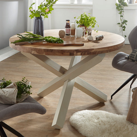 Rootz Dining Table - Round Dining Table - Solid Wood Acacia - Wooden Dining Table - Kitchen Table - Brown/White - Ø 120 cm