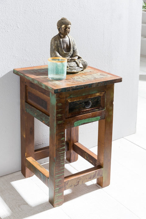 Rootz Side Table - Solid Wood - Shabby Night Commode with Shelf & Thrust - Mango Recycling Boat Wood Night Console - 30x30x50cm