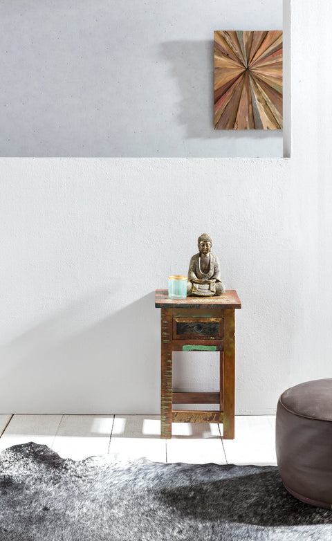 Rootz Side Table - Solid Wood - Shabby Night Commode with Shelf & Thrust - Mango Recycling Boat Wood Night Console - 30x30x50cm