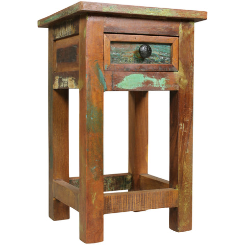 Rootz Side Table - Solid Wood - Shabby Night Commode with Shelf & Thrust - Mango Recycling Boat Wood Night Console - 30x30x50cm