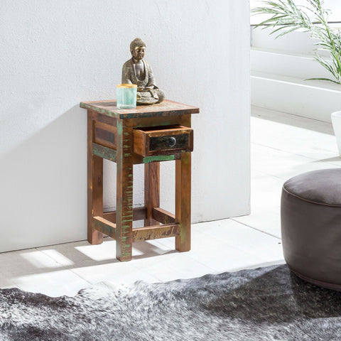 Rootz Side Table - Solid Wood - Shabby Night Commode with Shelf & Thrust - Mango Recycling Boat Wood Night Console - 30x30x50cm