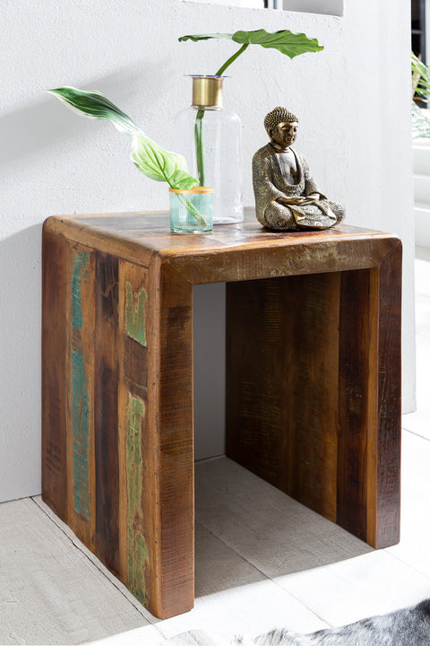 Rootz Side Table - Solid Wood - Mango Recycling Shabby Design - Small Living Room Night Table - Boat Wood Night Console - 45x40x55cm