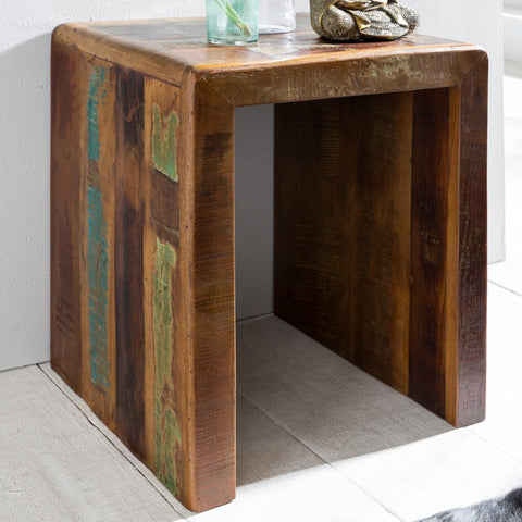 Rootz Side Table - Solid Wood - Mango Recycling Shabby Design - Small Living Room Night Table - Boat Wood Night Console - 45x40x55cm