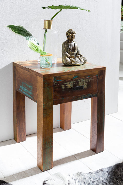 Rootz Bedside Table - Shabby-Chic - Mango Wood with Drawer - Dark Brown - Design Nightstand - Small Side Table - 40 x 40 x 55 cm