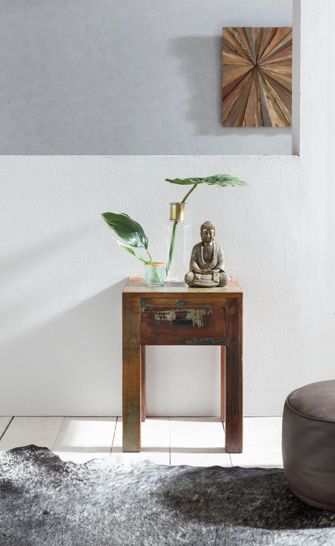 Rootz Bedside Table - Shabby-Chic - Mango Wood with Drawer - Dark Brown - Design Nightstand - Small Side Table - 40 x 40 x 55 cm