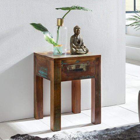 Rootz Bedside Table - Shabby-Chic - Mango Wood with Drawer - Dark Brown - Design Nightstand - Small Side Table - 40 x 40 x 55 cm