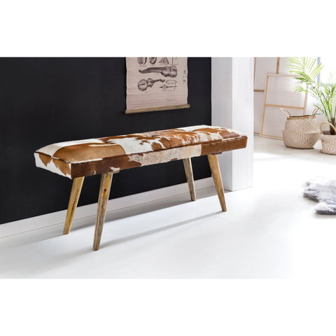 Rootz Bench - Upholstered Bench - Hall Bench - Bench - Goat Leather - Mango Wood - Brown/White - 120 cm