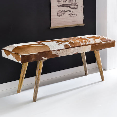 Rootz Bench - Upholstered Bench - Hall Bench - Bench - Goat Leather - Mango Wood - Brown/White - 120 cm