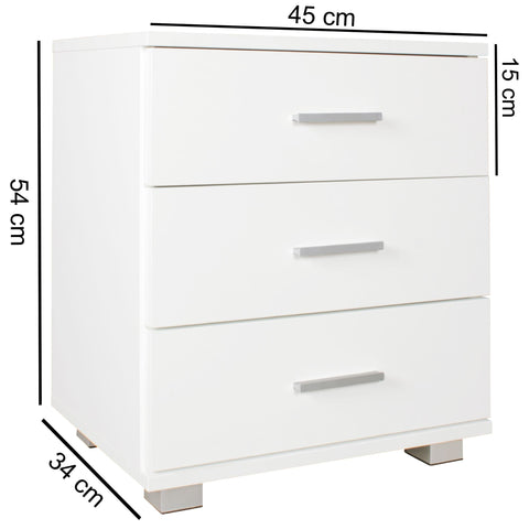Rootz Wood Night Console - 3 Drawers White Design Nightstand - Small Nightstand - 45 x 54 x 34 cm
