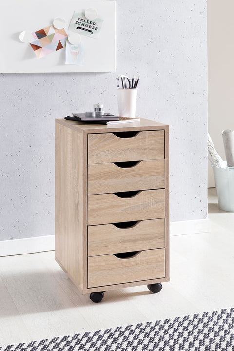 Rootz Roll Container - Sonoma - Modern MDF Wood Drawer Container - Office Storage on Wheels - 33x64x38cm