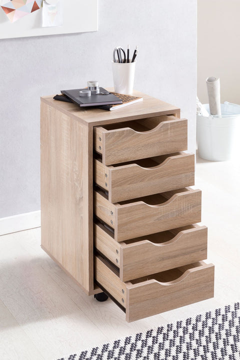 Rootz Roll Container - Sonoma - Modern MDF Wood Drawer Container - Office Storage on Wheels - 33x64x38cm