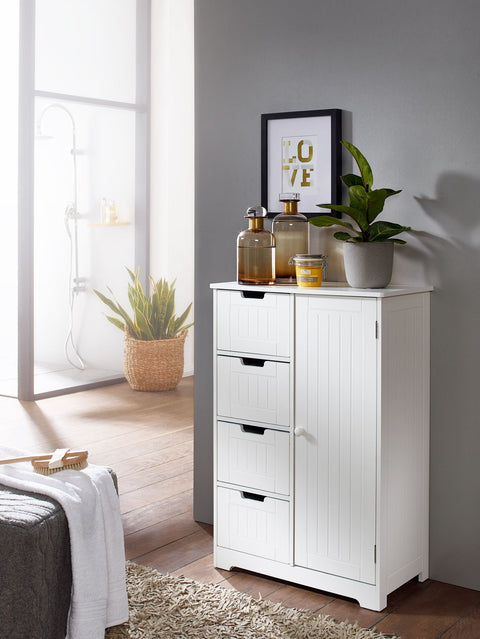 Rootz Bathroom Cabinet -  Country Style - MDF Wood - White - Small Cabinet with 4 Drawers & 1 Door - Multi-purpose Side Cabinet - 65x83x30cm