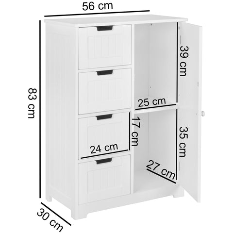 Rootz Bathroom Cabinet -  Country Style - MDF Wood - White - Small Cabinet with 4 Drawers & 1 Door - Multi-purpose Side Cabinet - 65x83x30cm