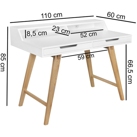 Rootz Worktable - Scandinavian Design - Laptop Table with Cable Aperture - Office Table with Oak Leg - White - 110x85x60cm