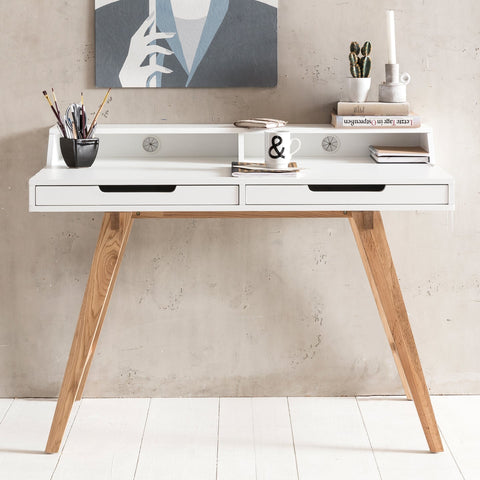 Rootz Worktable - Scandinavian Design - Laptop Table with Cable Aperture - Office Table with Oak Leg - White - 110x85x60cm