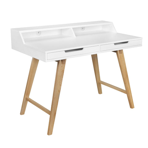 Rootz Worktable - Scandinavian Design - Laptop Table with Cable Aperture - Office Table with Oak Leg - White - 110x85x60cm