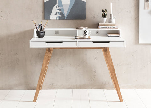 Rootz Worktable - Scandinavian Design - Laptop Table with Cable Aperture - Office Table with Oak Leg - White - 110x85x60cm