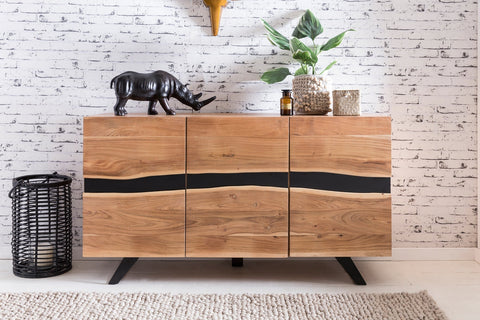 Rootz Sideboard - Natural Tree Edge - Solid Acacia Wood - Country Style Highboard with 3 Doors - Hallway Cabinet Dresser - 148x85x43cm