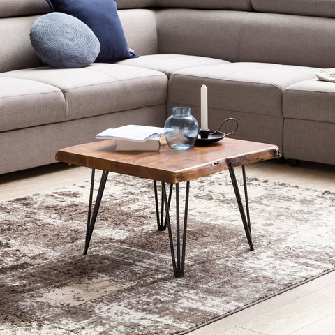 Rootz Coffee Table - Solid Wood with Tree Edge Design - Sheesham Wood Table with Metal Legs - Rustic Country Style Living Room Table - 56x38x51 cm