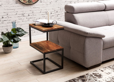 Rootz Side Table - S-Shape Solid Wood Sheesham with Metal - Country Style Living Room Table - Square Storage Table - 45 x 60 x 30 cm