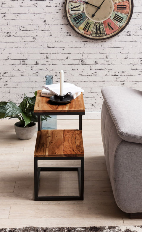 Rootz Side Table - S-Shape Solid Wood Sheesham with Metal - Country Style Living Room Table - Square Storage Table - 45 x 60 x 30 cm