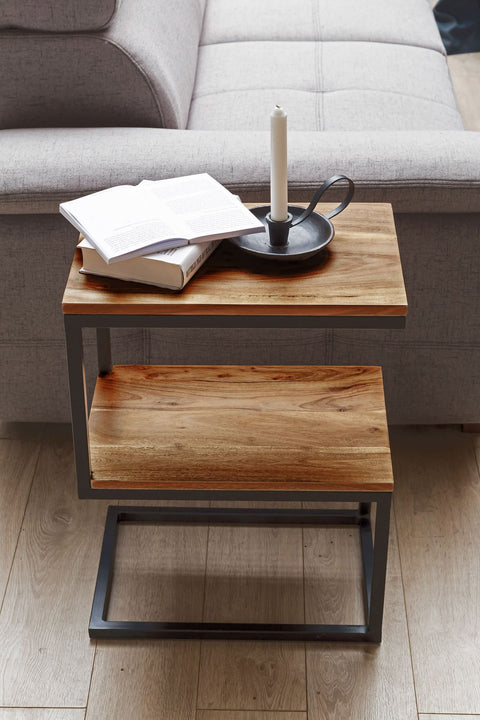 Rootz Side Table - S-Shape Solid Wood Sheesham with Metal - Country Style Living Room Table - Square Storage Table - 45 x 60 x 30 cm