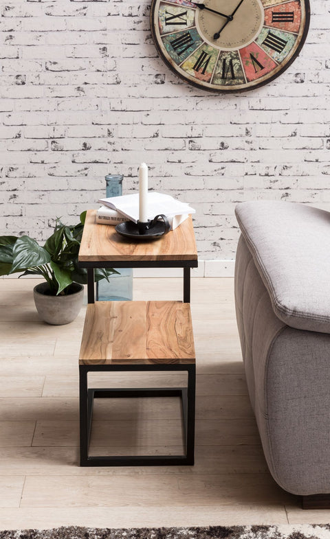 Rootz Side Table - S-Shape Solid Wood Acacia with Metal - Country Style Living Room Table - Square Storage Table - 45 x 60 x 30 cm