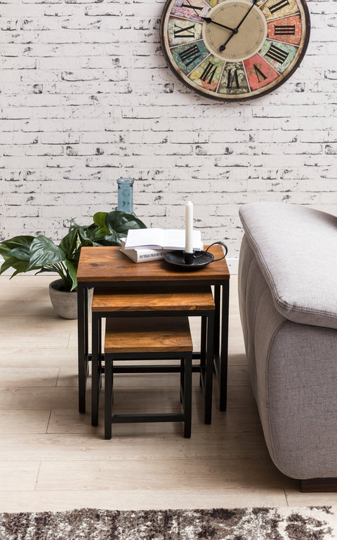 Rootz Side Tables - 3 Design - Sheesham with Metal Legs - Set of 3 Mixed Material Nesting Tables - Solid Wood Accent Tables