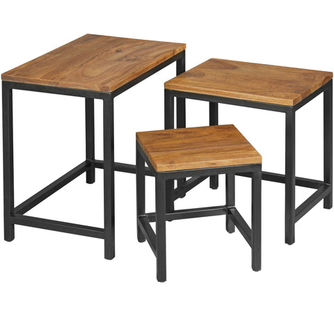Rootz Side Tables - 3 Design - Sheesham with Metal Legs - Set of 3 Mixed Material Nesting Tables - Solid Wood Accent Tables