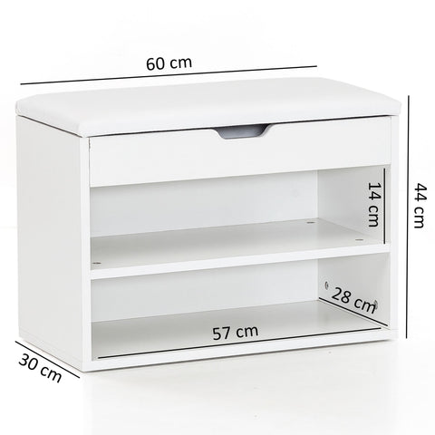 Rootz Shelf Bench - White - Small Upholstered Wooden Bench - Narrow Hallway Shoe Bench with Storage - Chest Bench for Hallway - 60 x 40 x 30 cm