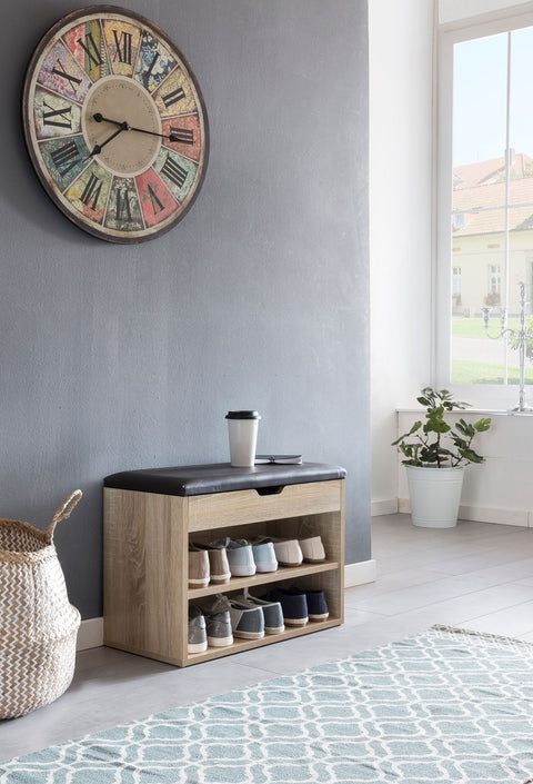 Rootz Wood Bench - Sonoma - Small Upholstered Bench - Narrow Hallway Bench with Storage - Shoe Chest Hallway Furniture - 60 x 40 x 30 cm