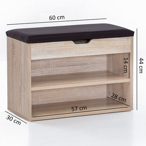 Rootz Wood Bench - Sonoma - Small Upholstered Bench - Narrow Hallway Bench with Storage - Shoe Chest Hallway Furniture - 60 x 40 x 30 cm