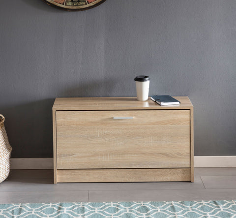 Rootz Shoe Rack Wood - Sonoma Oak - Small Closed Floor Bench - Narrow Hallway Bench with Storage - Single Bench Shoe Cabinet - 80 x 47 x 24 cm