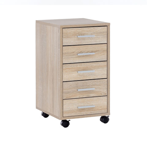 Rootz Roll Container - Sonoma - Wooden Drawer Cabinet for Desk - Office Cabinet with 5 Drawers - Small Stand Container with Rollers - 33 x 63 x 38 cm