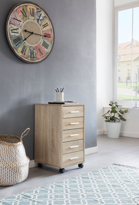 Rootz Roll Container - Sonoma - Wooden Drawer Cabinet for Desk - Office Cabinet with 5 Drawers - Small Stand Container with Rollers - 33 x 63 x 38 cm