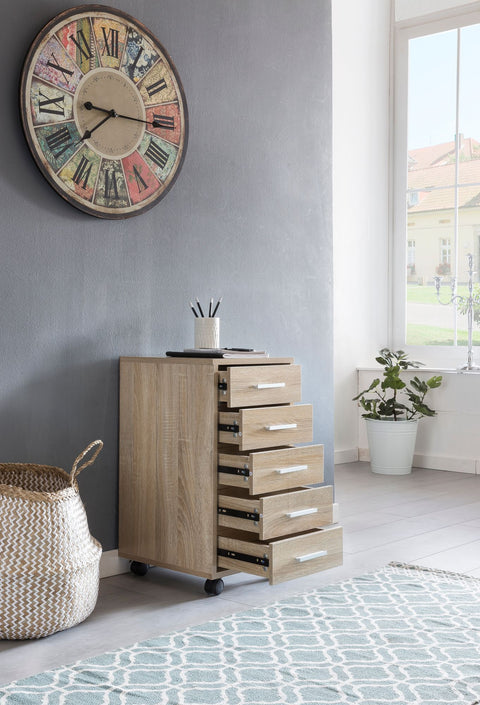 Rootz Roll Container - Sonoma - Wooden Drawer Cabinet for Desk - Office Cabinet with 5 Drawers - Small Stand Container with Rollers - 33 x 63 x 38 cm